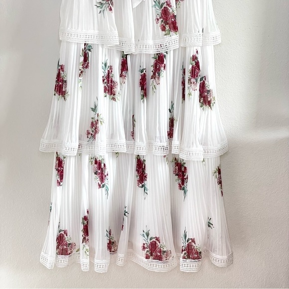 Lulus Thriving Romance White Floral Tiered Plisse Pleat Lace Trim Midi Dress XS - Picture 10 of 14